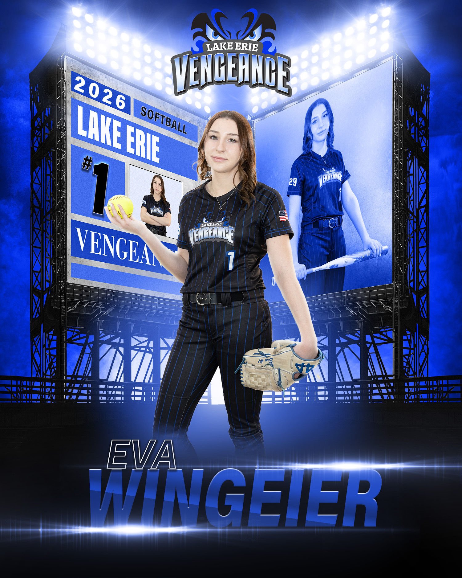 Eva Wingeier in her Lake Erie Vengeance number 1 uniform on an individual player spotlight poster
