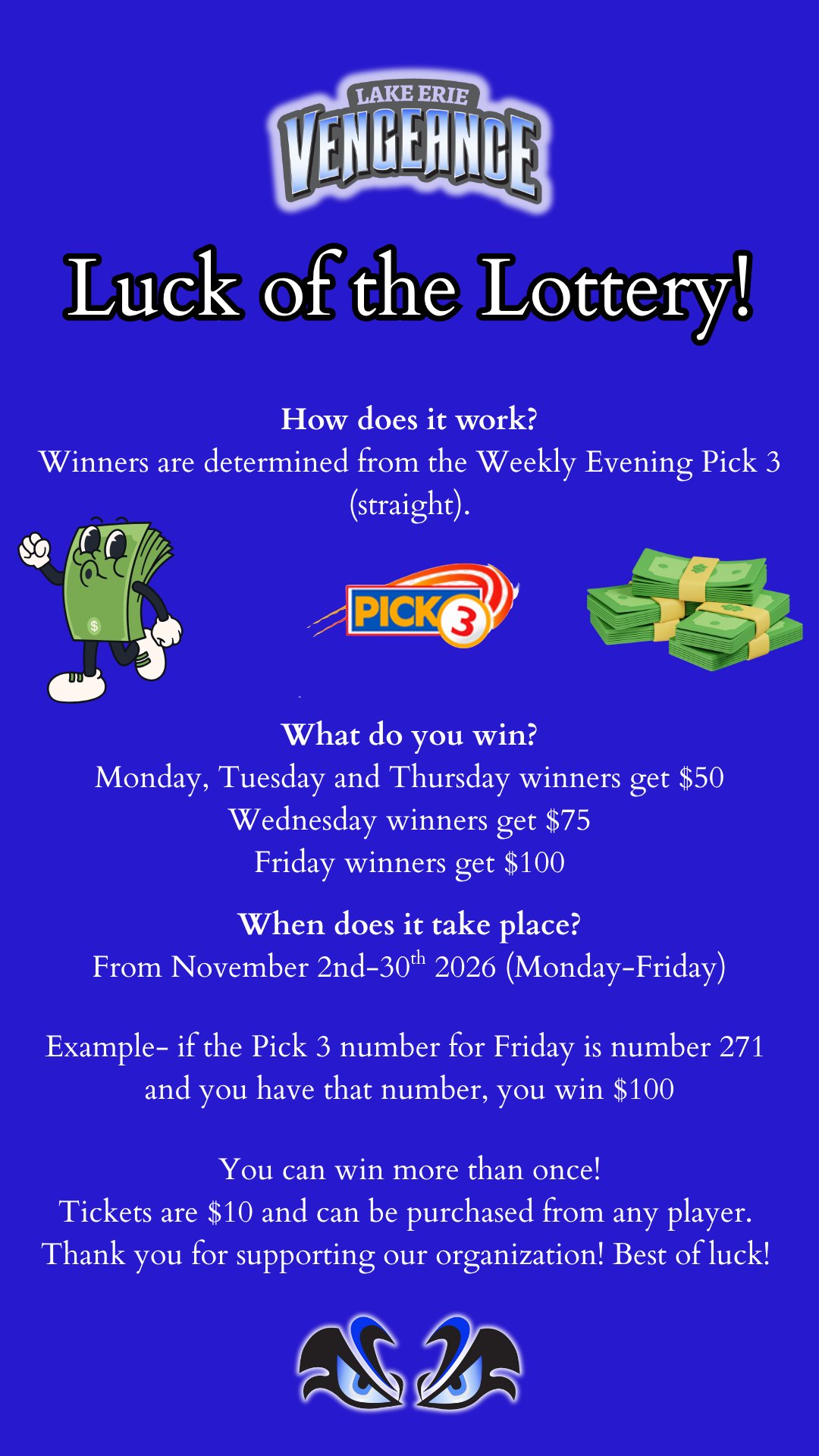 Lake Erie Vengeance Luck of the Lottery fundraiser flyer