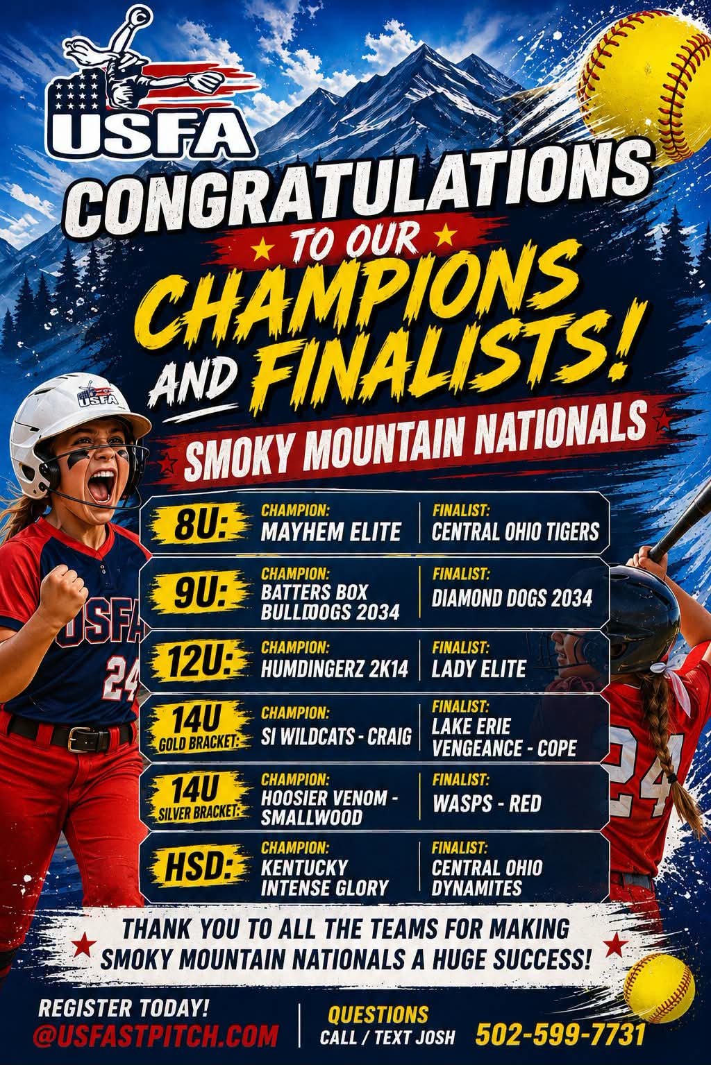 USFA Smoky Mountain Nationals poster listing Lake Erie Vengeance-Cope as the 14U Gold Bracket finalist