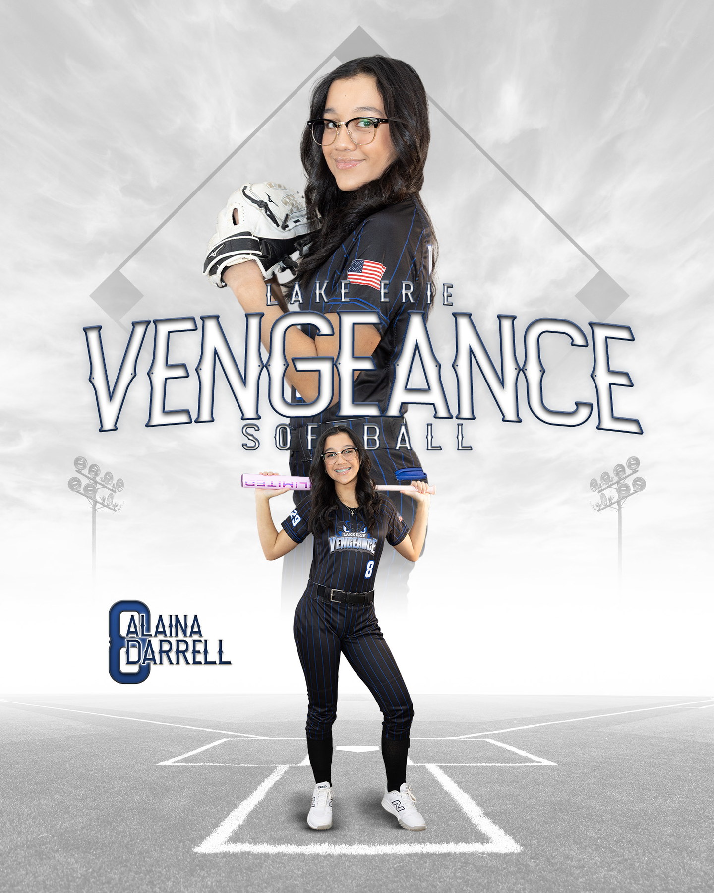 Alaina Darrell posing in her Lake Erie Vengeance number 8 uniform