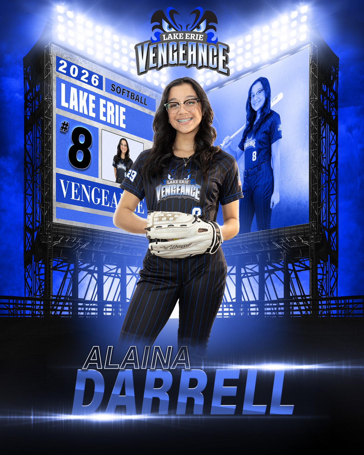 Alaina Darrell holding her glove in a blue Lake Erie Vengeance feature portrait