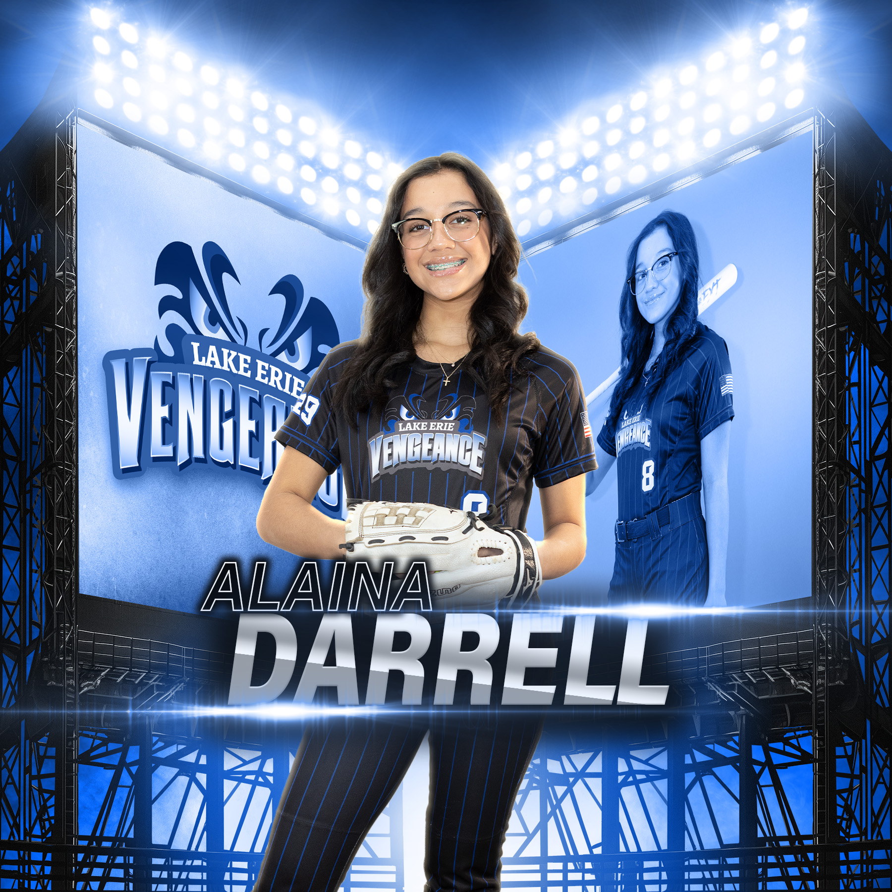 Alaina Darrell in a square Lake Erie Vengeance number 8 player graphic