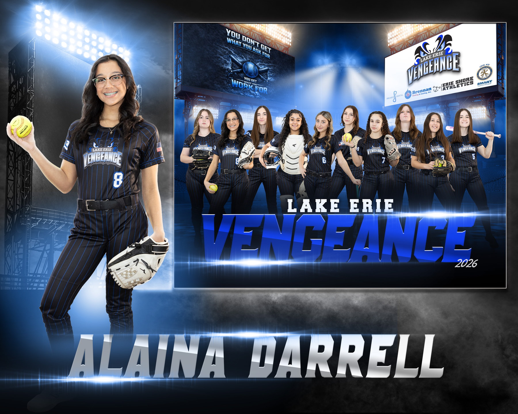 Alaina Darrell holding a softball beside the Lake Erie Vengeance team banner