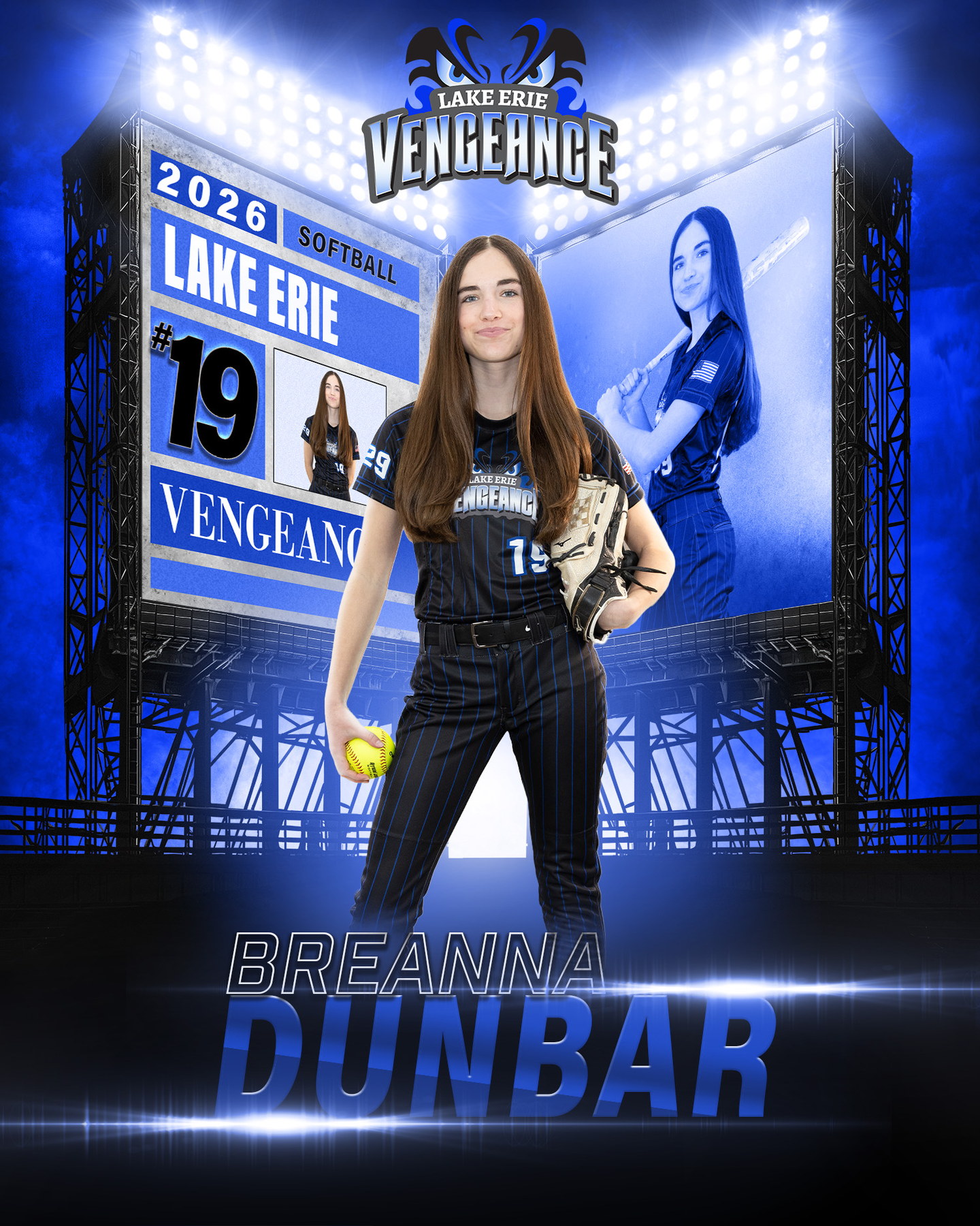 Breanna Dunbar holding a softball and glove in a blue Lake Erie Vengeance feature portrait