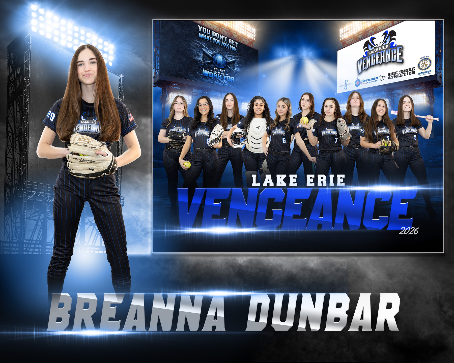 Breanna Dunbar posing with her glove beside the Lake Erie Vengeance team banner