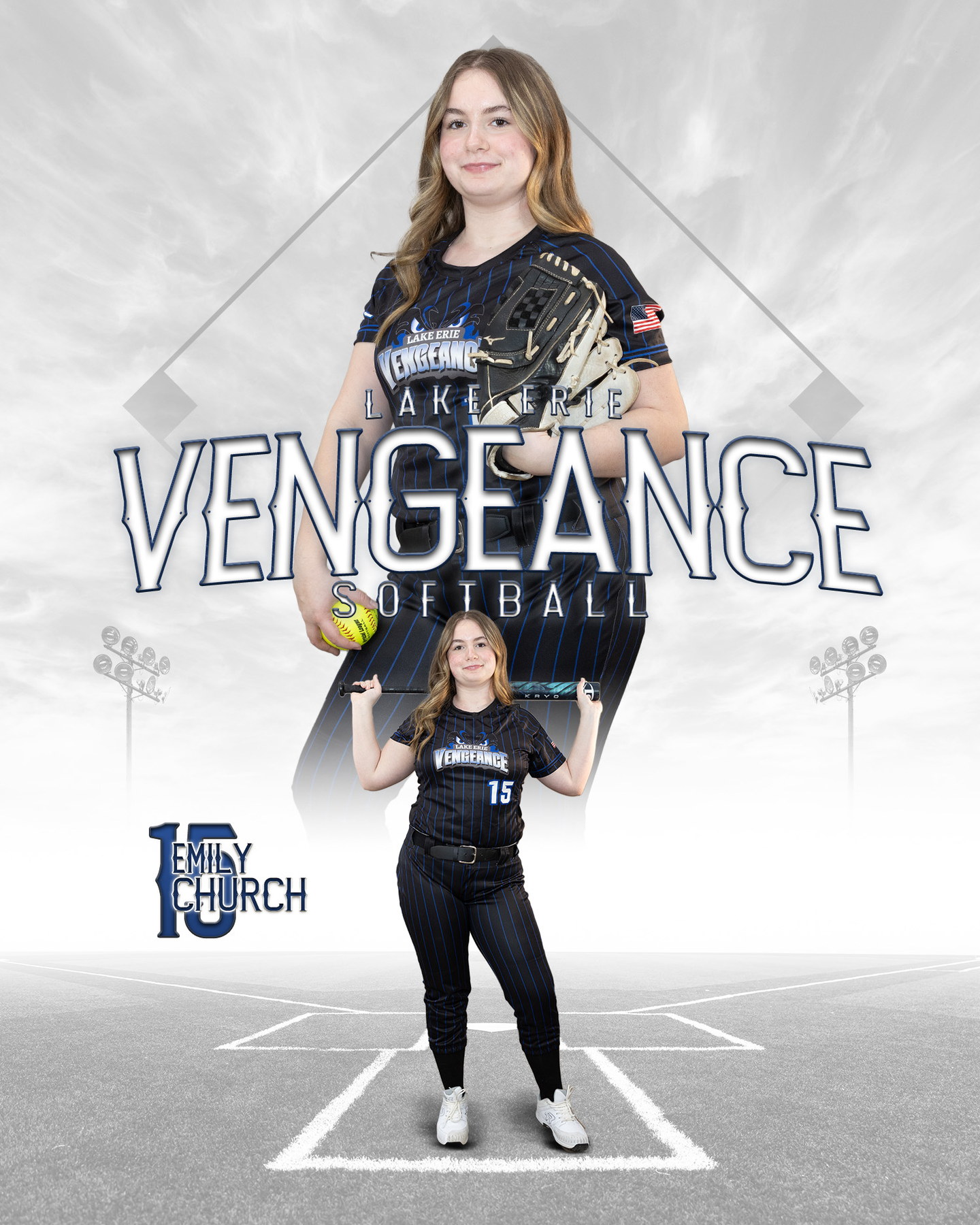 Emily Church posing in her Lake Erie Vengeance number 15 uniform