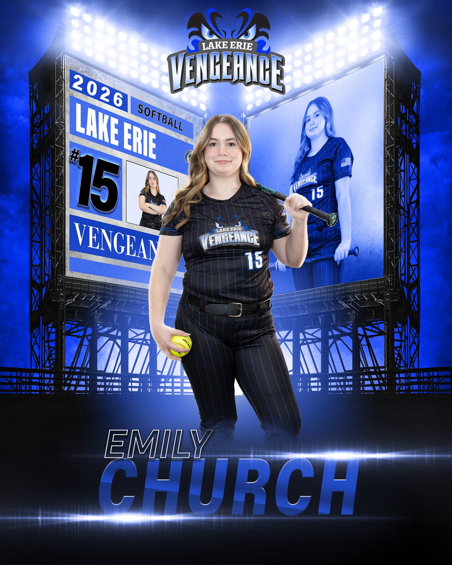 Emily Church holding a softball in a blue Lake Erie Vengeance feature portrait
