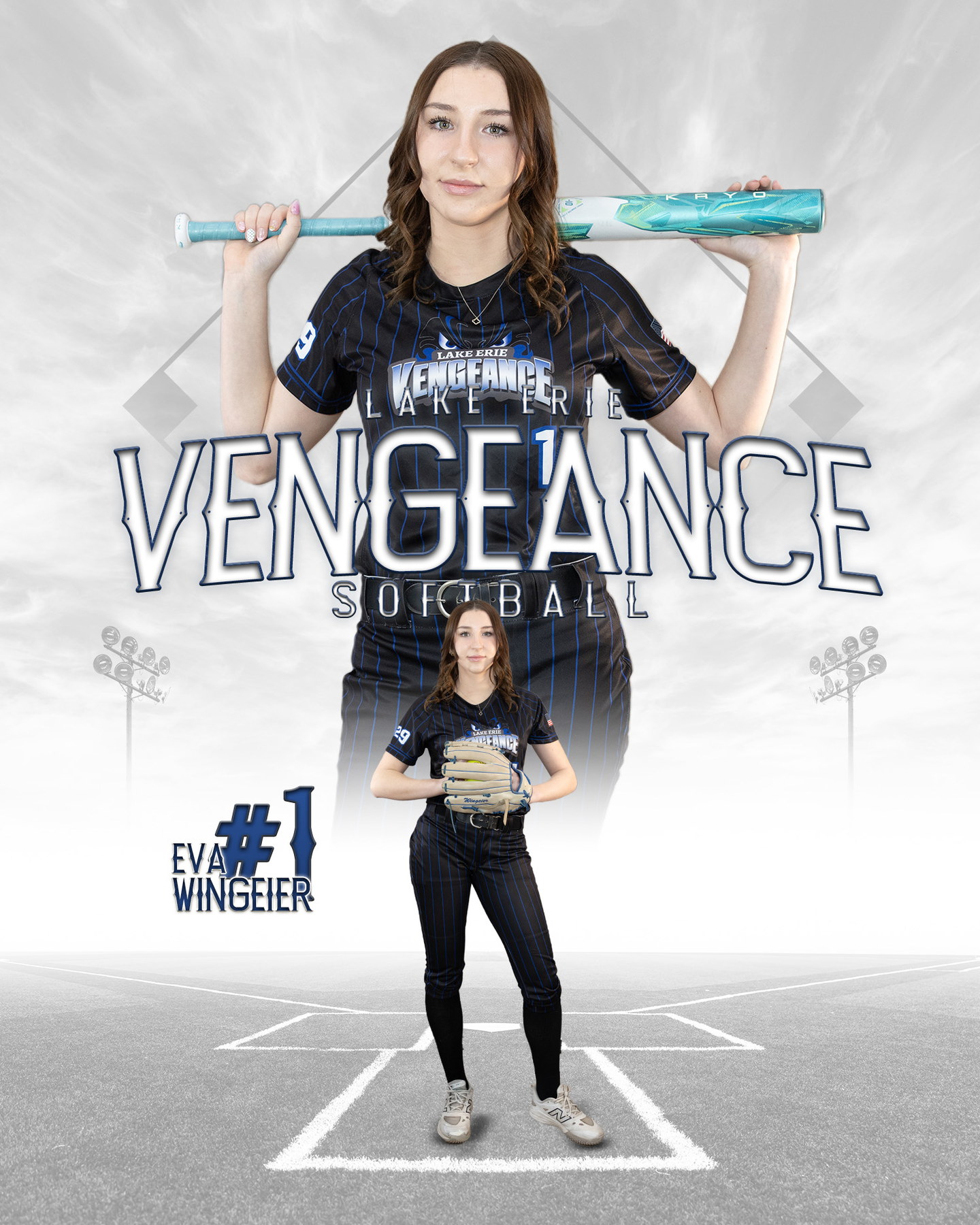 Eva Wingeier posing with two bats in her Lake Erie Vengeance number 1 uniform