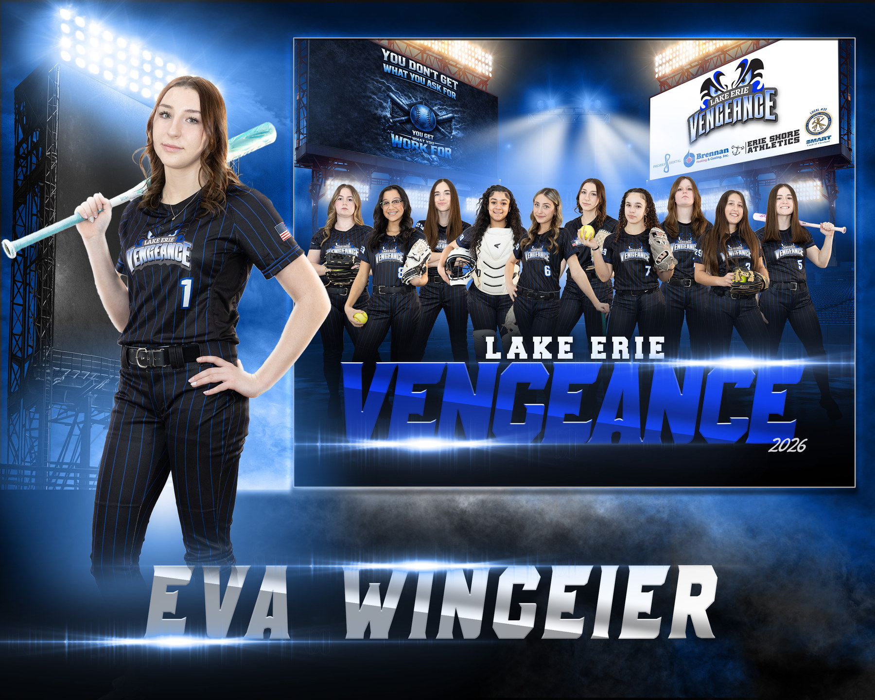 Eva Wingeier posing with a bat beside the Lake Erie Vengeance team banner