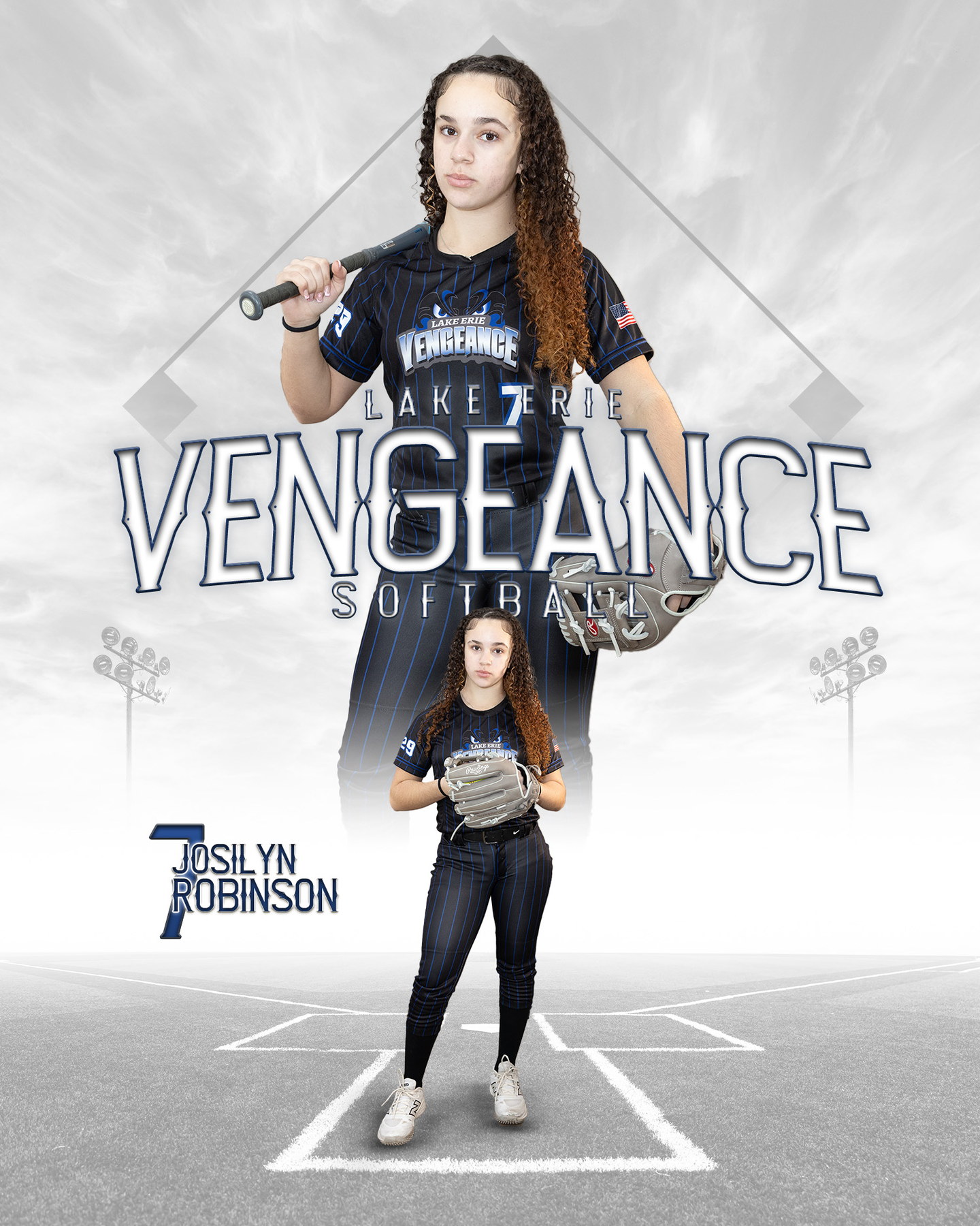Josilyn Robinson posing with a bat in her Lake Erie Vengeance number 7 uniform