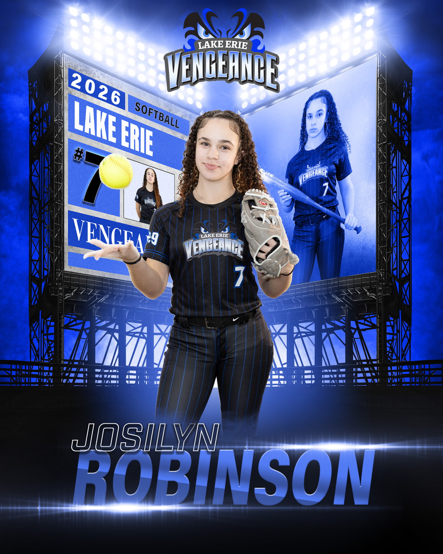Josilyn Robinson holding a softball and glove in a blue Lake Erie Vengeance feature portrait