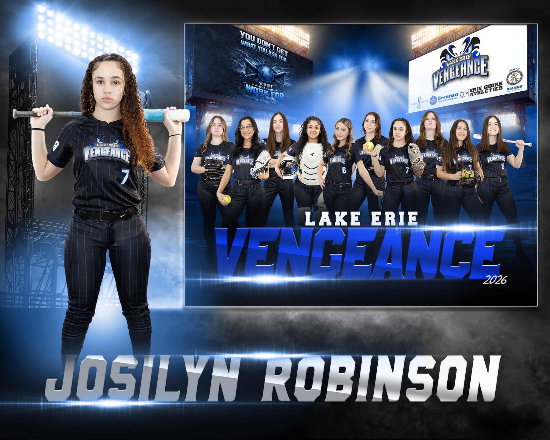 Josilyn Robinson posing with a bat beside the Lake Erie Vengeance team banner