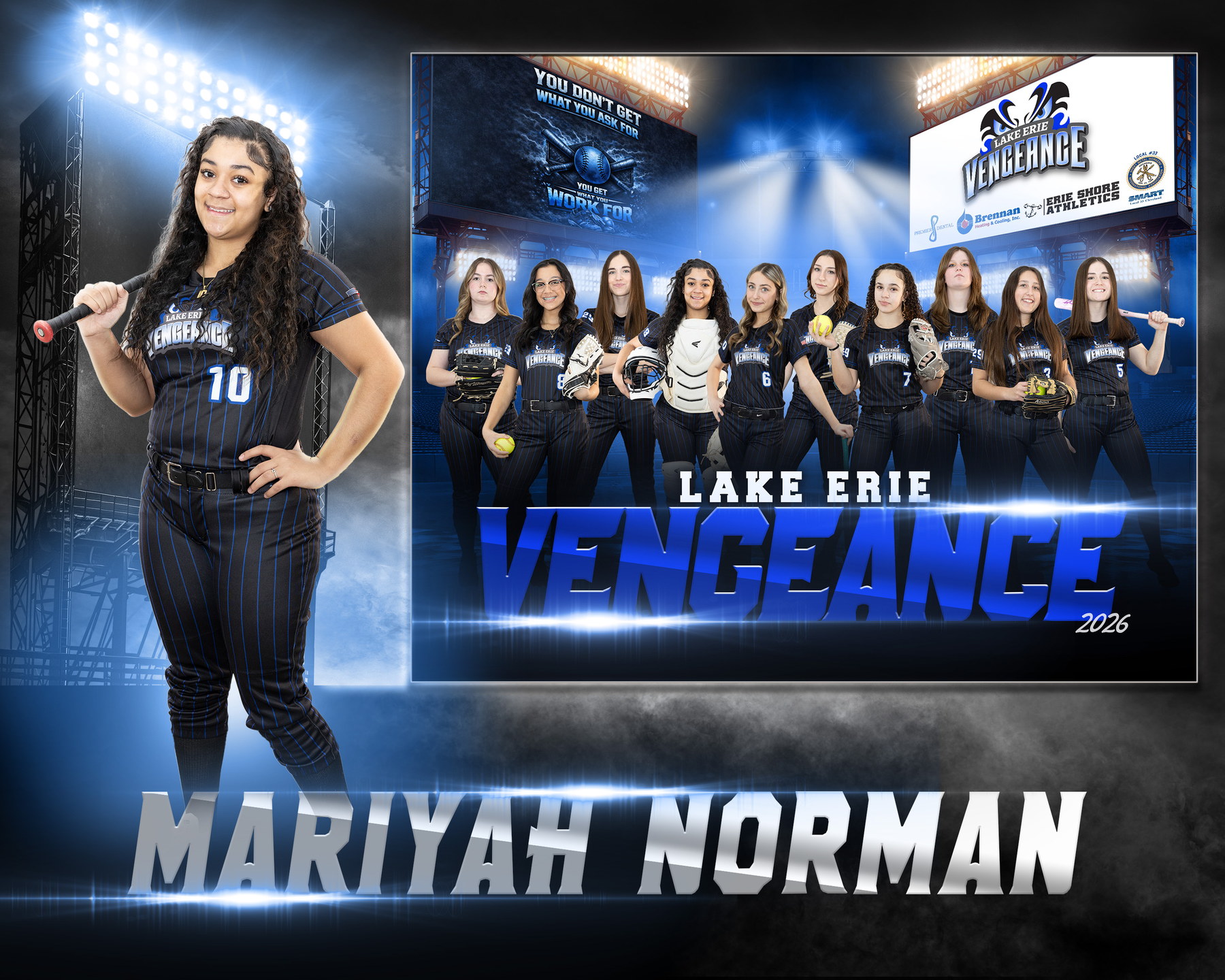 Mariyah Norman posing with catcher gear beside the Lake Erie Vengeance team banner