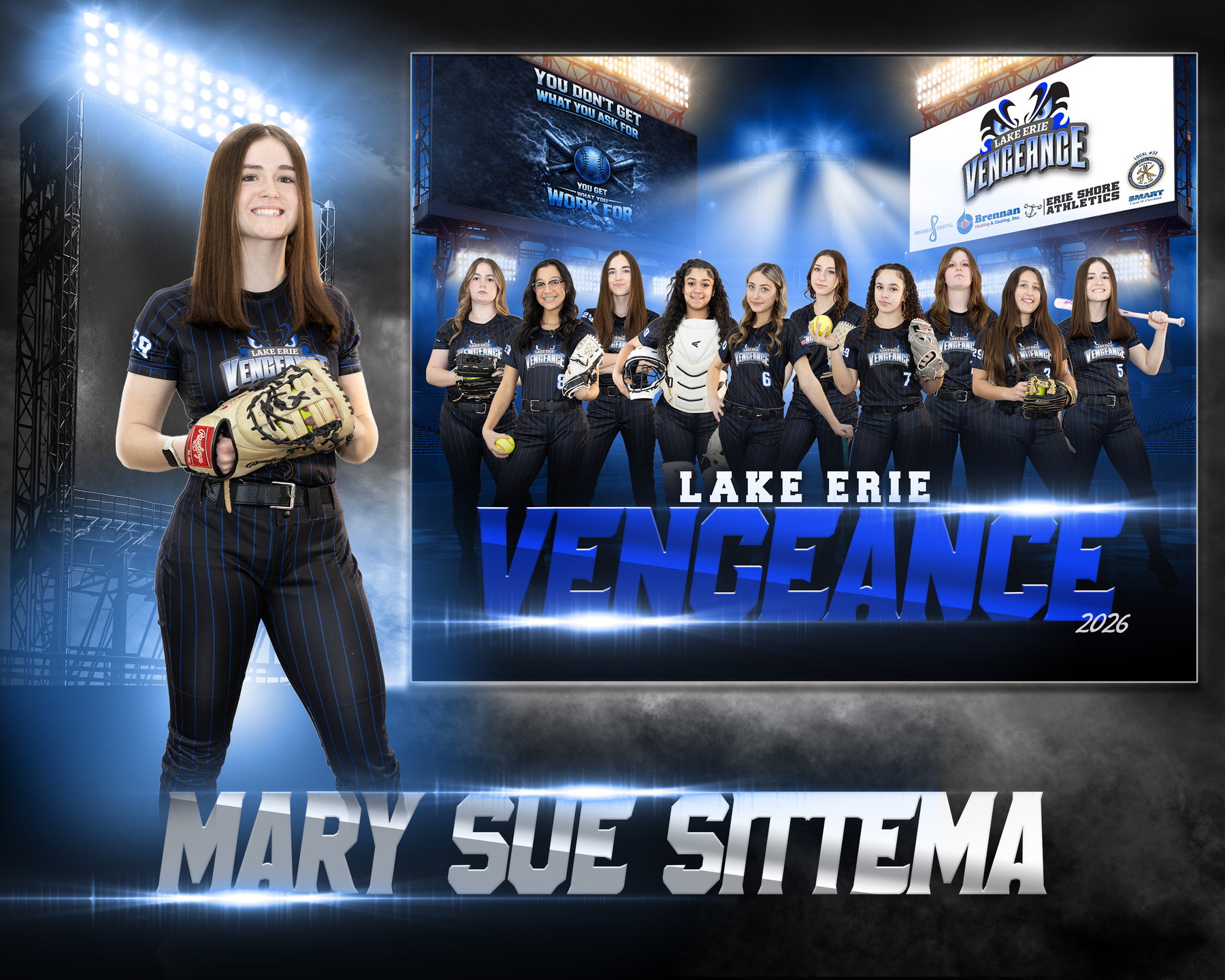 Mary Sue Sittema posing with her glove beside the Lake Erie Vengeance team banner