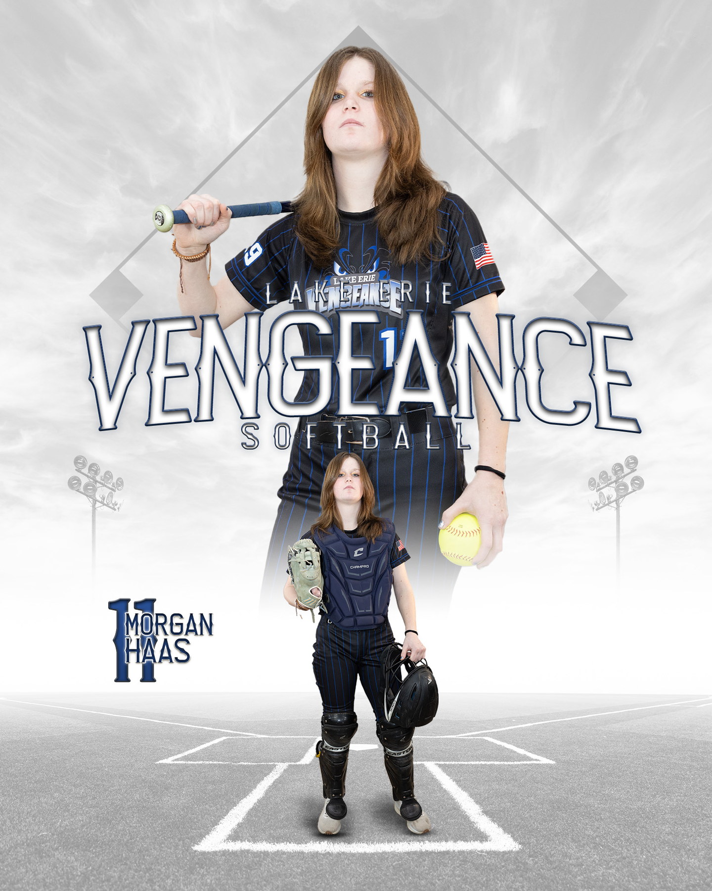 Morgan Haas posing in catcher gear in her Lake Erie Vengeance number 11 uniform