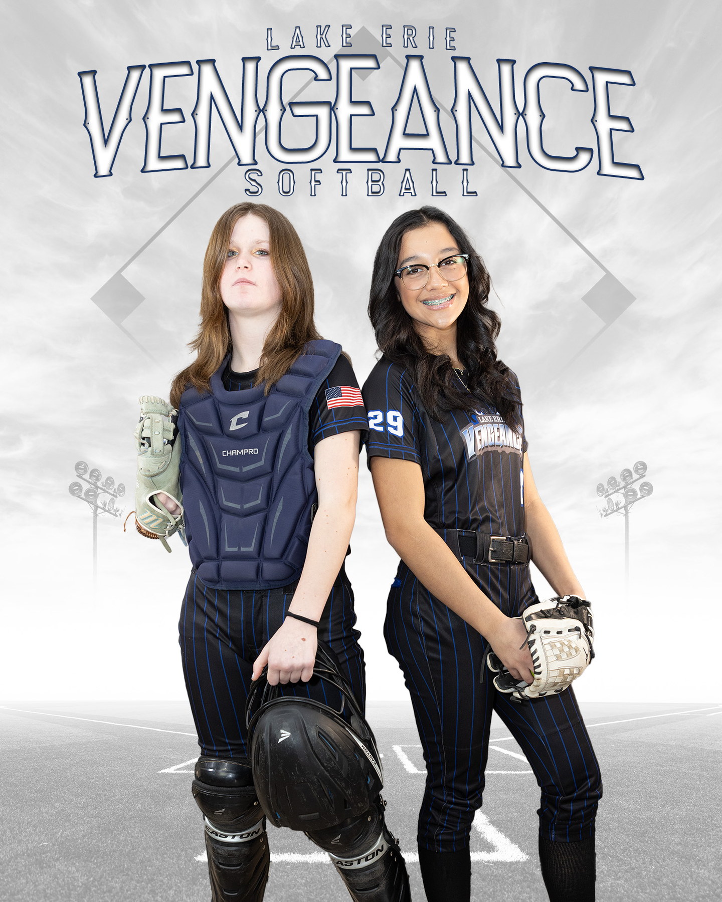 Morgan Haas in catcher gear posing with a Lake Erie Vengeance teammate