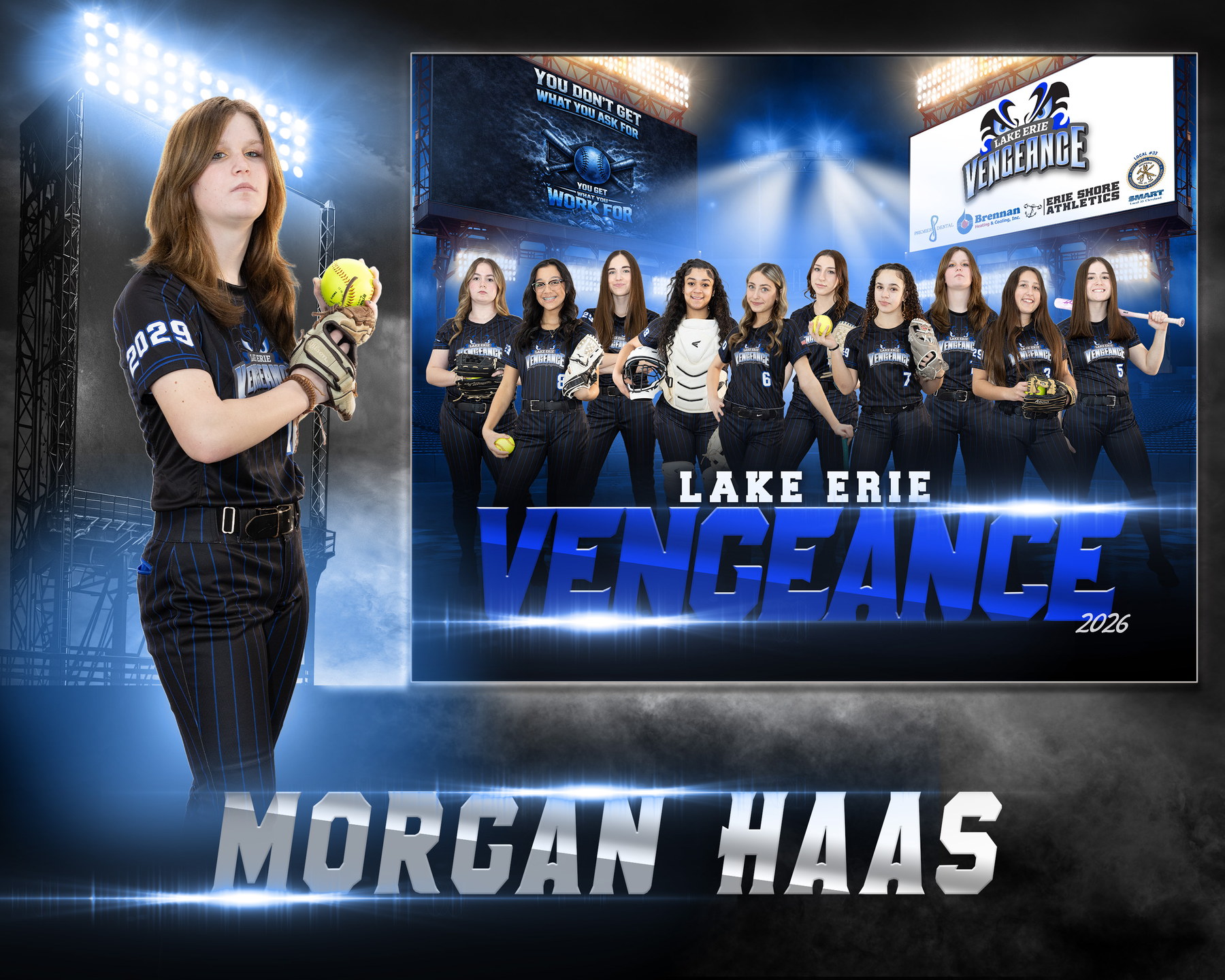 Morgan Haas posing in catcher gear beside the Lake Erie Vengeance team banner
