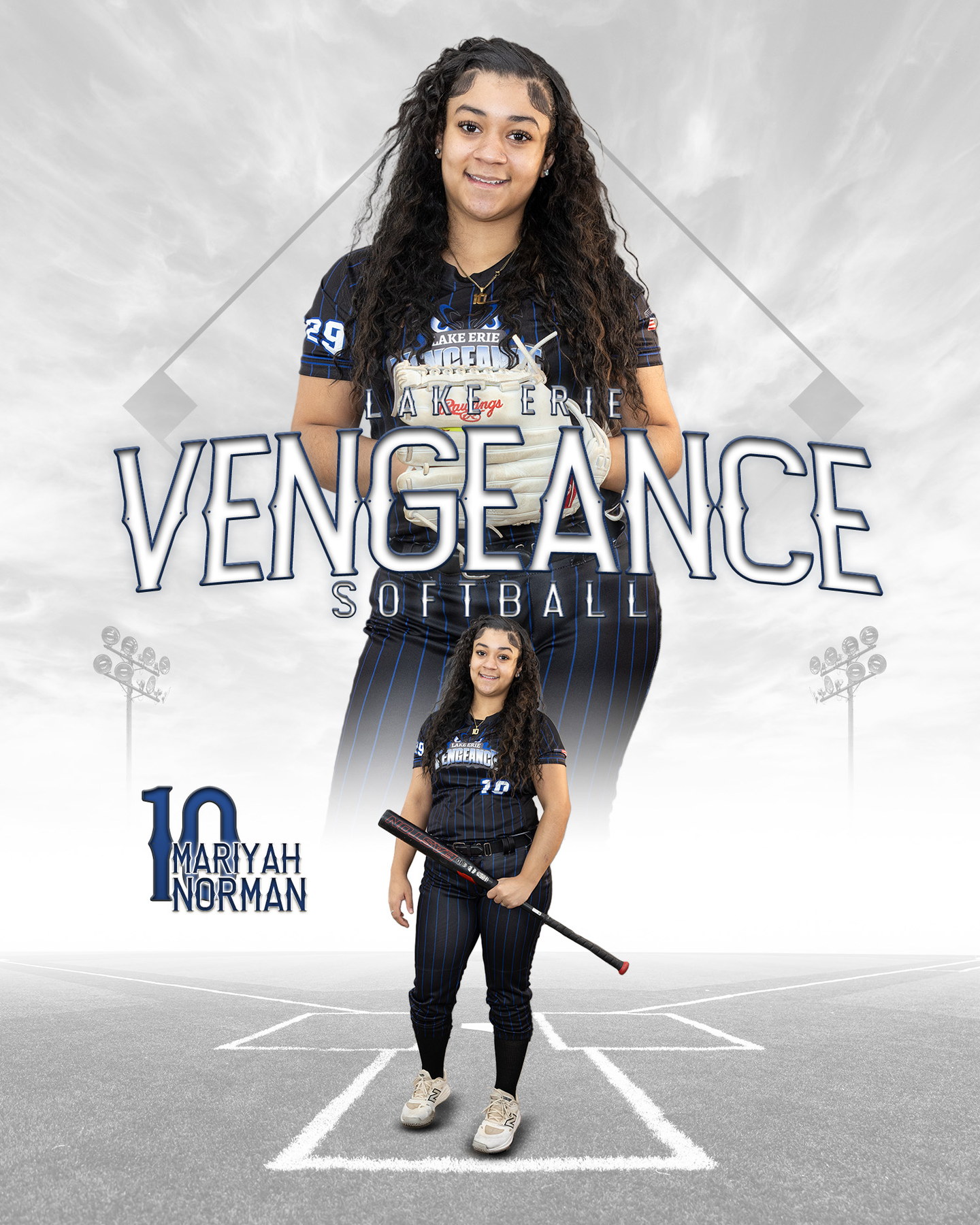 Mariyah Norman posing with a bat in her Lake Erie Vengeance number 10 uniform
