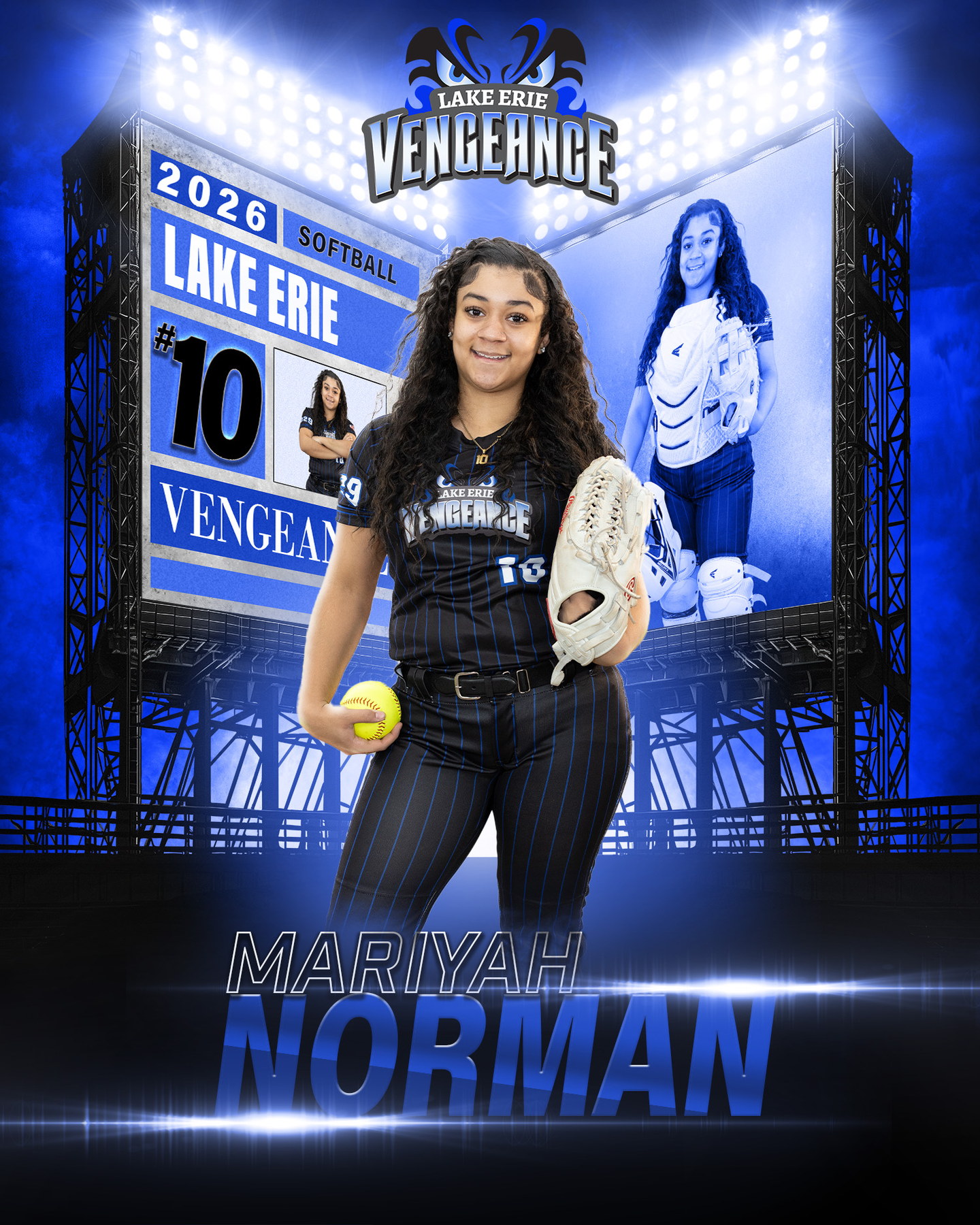 Mariyah Norman holding a softball and glove in a blue Lake Erie Vengeance feature portrait