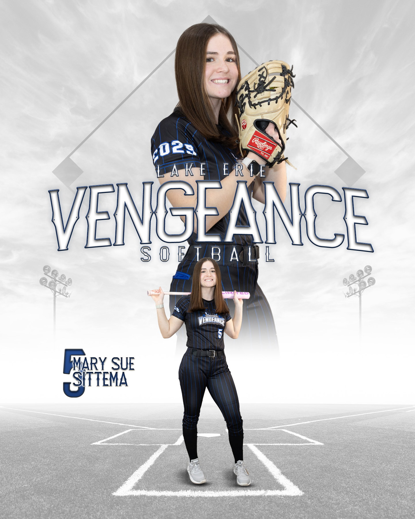 Mary Sue Sittema posing with her glove in her Lake Erie Vengeance number 5 uniform