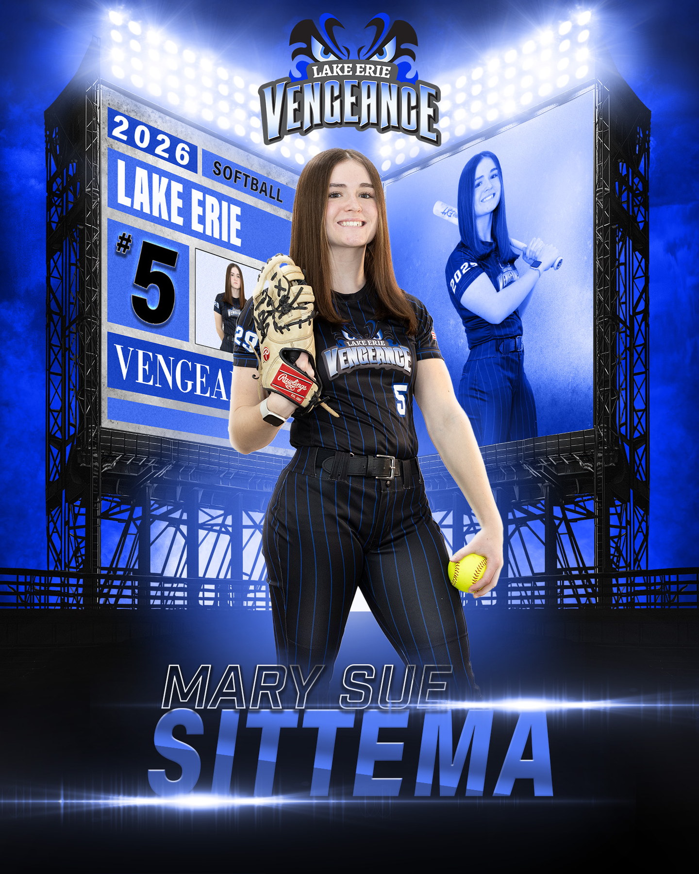 Mary Sue Sittema holding her glove in a blue Lake Erie Vengeance feature portrait