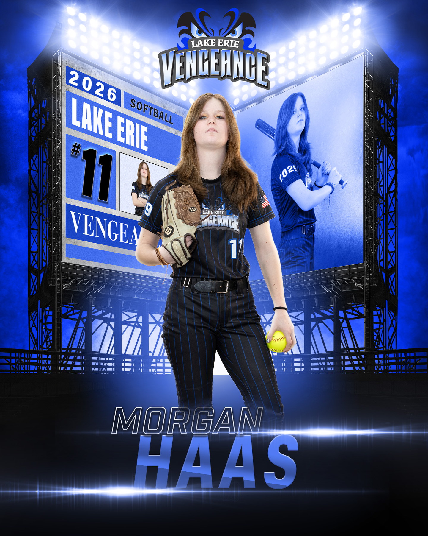 Morgan Haas holding a softball and glove in a blue Lake Erie Vengeance feature portrait