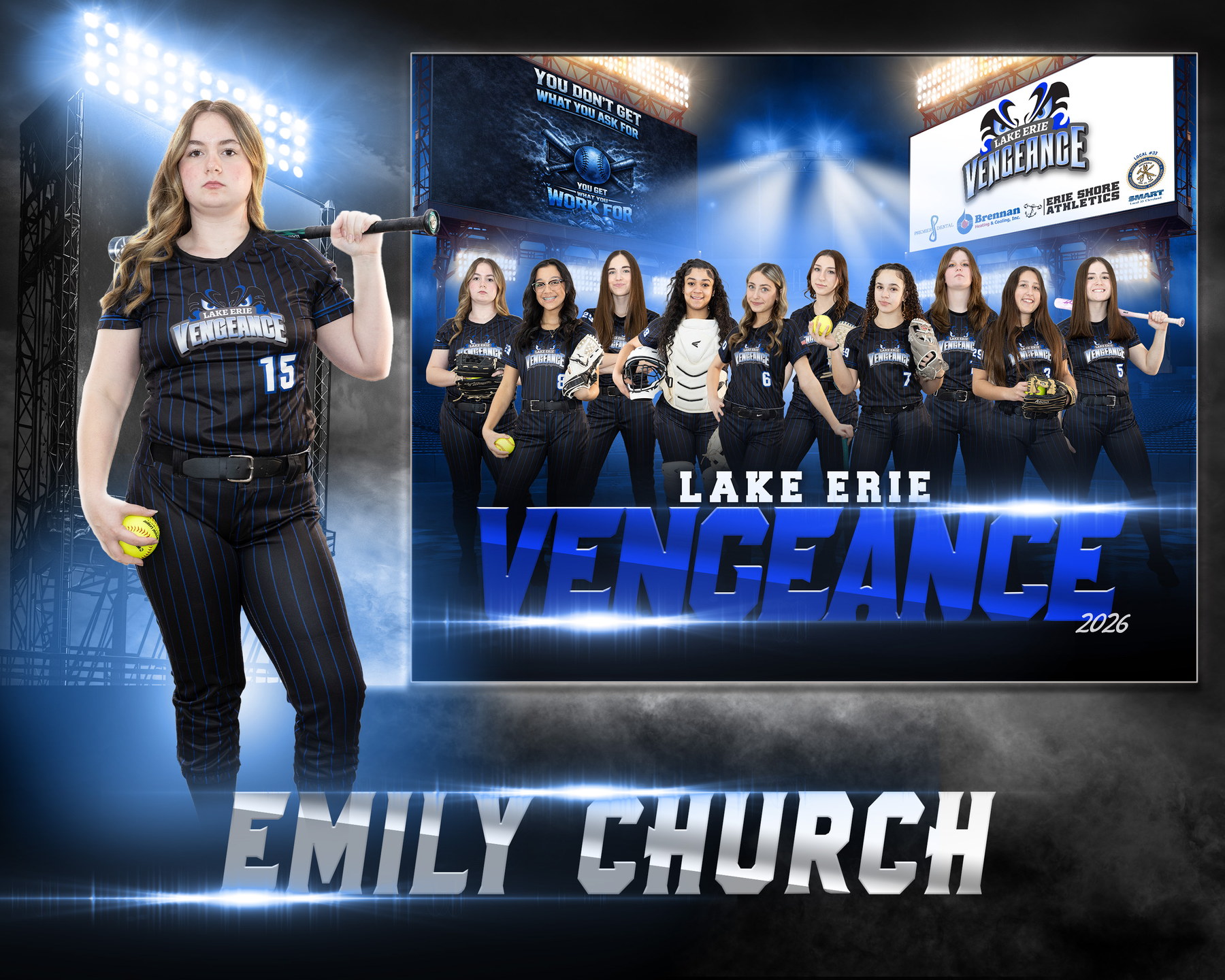 Emily Church posing with a softball beside the Lake Erie Vengeance team banner